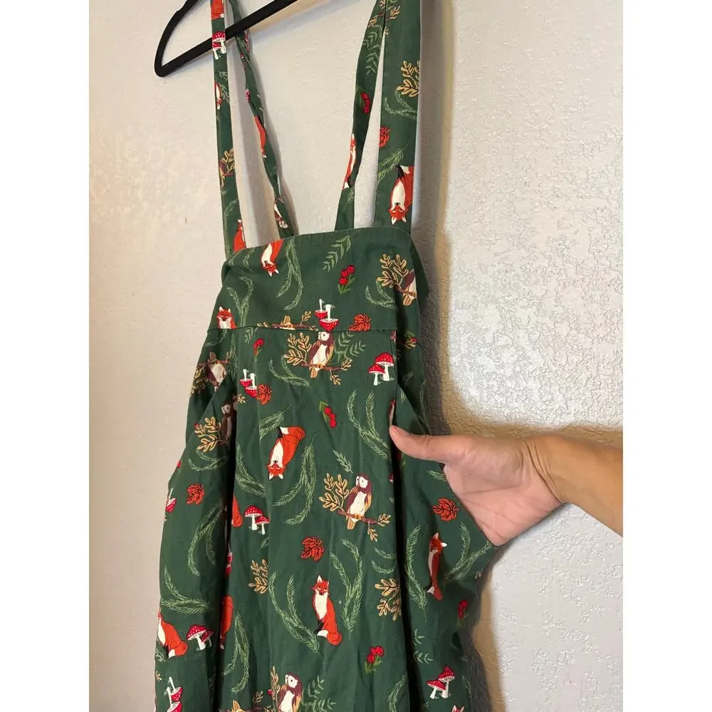 Collectif Vintage Fox Mushroom Overall Dress Sz Large Green Forest Fairy Jumper - Picture 3 of 7